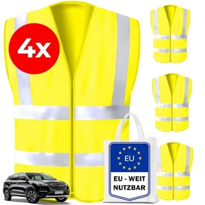 Abbildung von Kyto Warnwesten Auto Sicherheitsweste reflektierend EU Weit nutzbar iso 20471 4er Set Warneweste inklusive Tasche, Herren und Damen