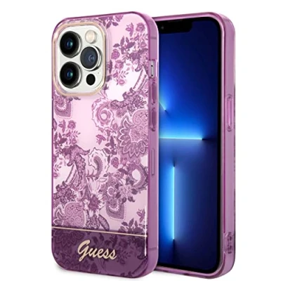 Abbildung von CG MOBILE Guess Handyhülle für iPhone 14 Pro in Fuchsia IML Blumenmuster, kratzfestes PC/TPU, Bequeme und langlebige Hartschale mit zugänglichen Anschlüssen, Stoßdämpfung Signatur Logo