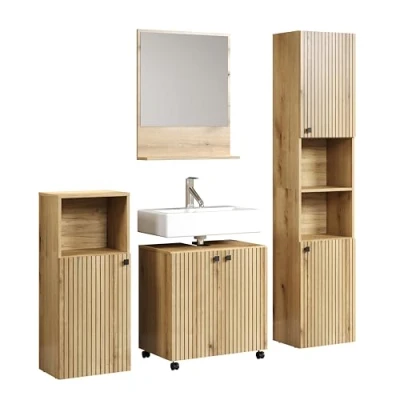 Abbildung von trendteam smart living Badkombination Badezimmer PureBliss Aufbaumaß (BxHxT) 160 x 190 40 cm Farbe Evoke Eiche mit schwarzen Rillen 233701842
