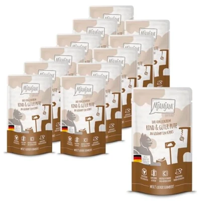 Abbildung von MjAMjAM Premium Nassfutter für Katzen Quetschie DUO von leckerem Rind &amp; guter Pute an gedämpftem Kürbis, 12er Pack (12 x 125g), getreidefrei mit extra viel Fleisch