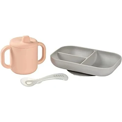 Abbildung von Béaba aus Silikon für Babymahlzeiten, Set Lernmahlzeiten, 3 teilig, Teller mit Unterteilung+Tasse+Löffel,Gesundes und nachhaltiges Silikon, spülmaschinenfest, mikrowellengeeignet, Rosa