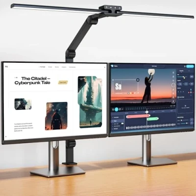 Abbildung von KableRika Schreibtischlampe LED Dimmbar, 24W 80cm ultrahelle Doppelkopf Klemmbar, 1200lm Augenschutz Büro Tischlampe Mit Schwenkarm, Monitor Lampe, Tageslichtlampe, Auto Dimmen