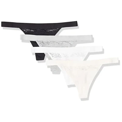 Abbildung von Amazon Essentials Damen Tanga Unterwäsche Baumwolle und Spitze, 4er Pack, Schwarz/Rosa/Helles Kalkgrau, 40