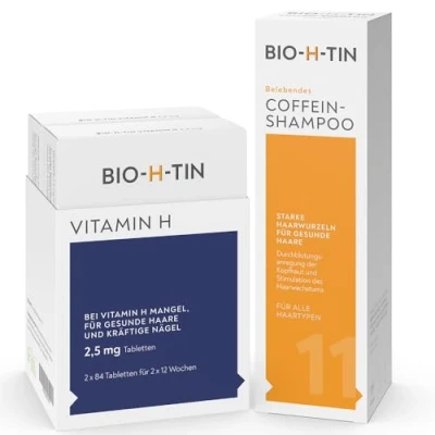 Abbildung von BIO H TIN Vitamin 2,5 mg (Biotin) für gesunde Haare &amp; Nägel, 2 * 84 Tabletten 24 Wochen + Belebendes Coffein Shampoo, 200 ml