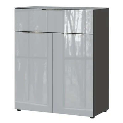 Abbildung von Kommode Schrankkommode Anrichte Glasfront 83cm breit in Silbergrau mit Graphit