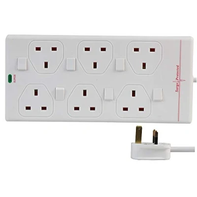 Abbildung von Pro Elec Verlängerungskabel mit Überspannungsschutz 2816NS(1N), 6 einzelne, Schalter gesicherte Steckdosen (evtl. nicht für deutsche Stecker geeignet), weiß, 2 m