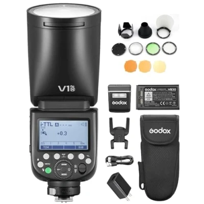 Abbildung von GODOX V1PRO N kabellose Blitzgeräte+AK R1 Kit+24 Stück Rundkopf Kamerablitzgels 1/8000 s HSS, M/TTL Blitzmodus 1,3 Wiederaufladezeit unterstützt Typ C Stromversorgung kompatibel mit Nikon Kameras