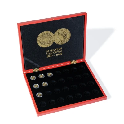 Abbildung von Leuchtturm, MünzSchutzkassette, Volterra Uno für Münzen Verneli, 20CHF, Gold in Kapseln (28 Stk.) Rot Abm: 305x245x30 mm. pro Stk.