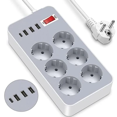 Abbildung von Steckdosenleiste mit Schalter, 6 Fach Mehrfachsteckdose Schalter,Mehrfachstecker Verlängerungskabel 10 in 1, USB C und Schalter für Zuhause Küche Büro