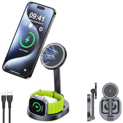 Abbildung von Callstel Induktion Lade Ständer: Faltbare 3in1 MagSafe Ladestation für iPhone, Apple Watch und AirPods (Ladestation Handy kabellos, Telefonständer)