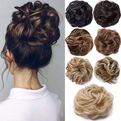 Abbildung von Hair Extensions Haarverlängerung Haarteil Haargummi Hochsteckfrisuren unordentlicher Dutt Gewellt Ombre Mittelbraun