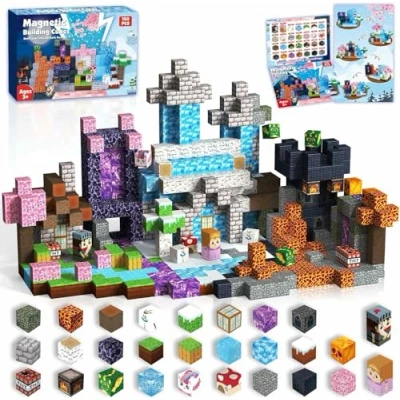 Abbildung von ToyUnited Magnetische Bausteine 150 Teile Magnetbausteine »Drachenabenteuer« Fantasiewelt mit Vulkan, Ritter &amp; Magischen Kirschblüten, Beschäftigung Autofahrt Kinder ab 4 5 6 7 Jahren