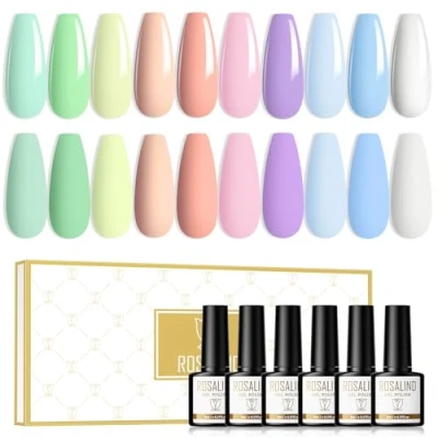Abbildung von ROSALIND UV Nagellack 10 Farben Shellac Pastell Gel Rosa Gelb Grün Blau Lila Gellack UV/LED Soak Off Nail Polish Makaron Lacke für Nägel Frühling/Sommer Nailart Set 8ml