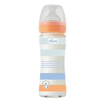 Abbildung von CHICCO BABYFLÄSCHCHEN WELL BEING GLAS, 240 ML, NORMALER FLUSS, 0M+ SILIKON, BLAU