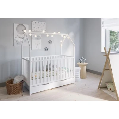 Abbildung von FabiMax Kinderbett Hausbett Schlafmütze, 70x140 cm, aus Kiefernholz weiß lackiert,mit Matratze Air, mit rosaner Deko, Schublade