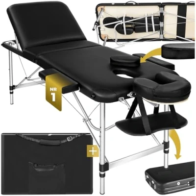 Abbildung von tectake® Massageliege 3 Zonen, Massagetisch, klappbar, höhenverstellbare Aluminium Massageliege, Massagebett tragbar inkl. Zubehör, Alu Kopfstütze, Armlehne und Tragetasche schwarz