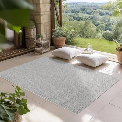 Abbildung von SIMPEX Indoor Outdoor Teppich Grau 80x150 cm Läufer, UV beständig, Ideal für Küche, Balkon, Terrasse, Wohnzimmer und Esszimmer, Einfarbig im Boho Stil.