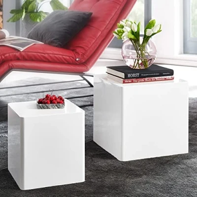Abbildung von möbelando Beistelltisch 2er Set MONOBLOC Hochglanz Weiß Wohnzimmertisch Kleiner Anstelltisch Eckig Satztisch Würfel Modern Design Tisch Wohnzimmer