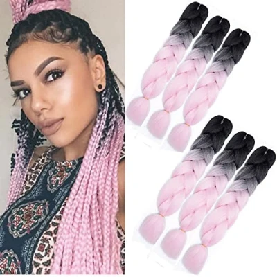 Abbildung von jumbo Braids extensions pink, Kanekalon Kunsthaar Hair, Ombre Braiding hair Zöpfe Haarverlängerung 6 Stück Box Crochet Für Zum Einflechten (schwarz Rosa)
