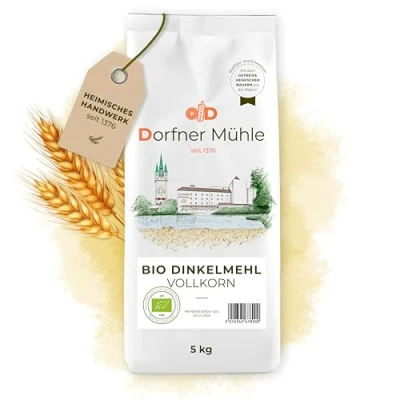 Abbildung von Bio Dinkelvollkornmehl Fein vermahlenes Vollkornmehl aus Bayern dem ganzen Dinkelkorn für (Vollkorn) Brote und brötchen 100% Dinkel biologischem Anbau ohne Zusätze (5kg)