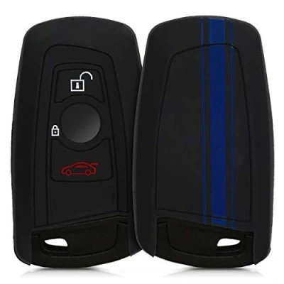 Abbildung von kwmobile Autoschlüssel Hülle kompatibel mit BMW 3 Tasten Funk (nur Keyless Go) Schlüsselhülle Rallystreifen Sidelines Blau Schwarz