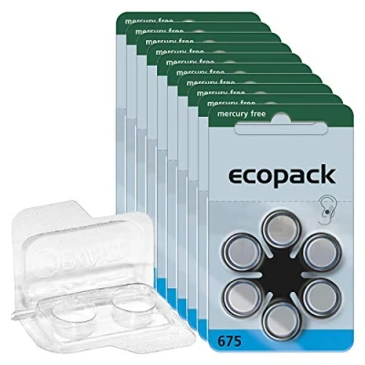 Abbildung von 60x ecopack Hörgerätebatterien 675 (Blau), 10x6er Blister PR44 1,4V + Aufbewahrungsbox für 2 (alle Größen), transparente Batteriebox Zwei Knopfzellen bis 12 mm x 6 (Ø H)