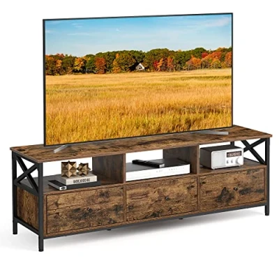 Abbildung von VASAGLE TV Schrank, Lowboard für Fernseher bis zu 65 Zoll, 147 cm lang, Fernsehtisch mit 3 Schubladen, offenen Fächern, 40 x 50 cm, Wohnzimmer, Stahlgestell, vintagebraun schwarz LTV301B01