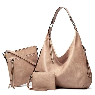 Abbildung von Ashioup Hobo Taschen für Damen, weiches PU Leder, lockere Schultertasche, Geldbörse mit Reißverschluss, Aprikosengrau, Einheitsgröße