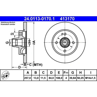Abbildung von ATE 24.0113 0170.1 Bremsscheibe 257,0 13,0 4 108,0 voll PORSCHE: 924 Coupe