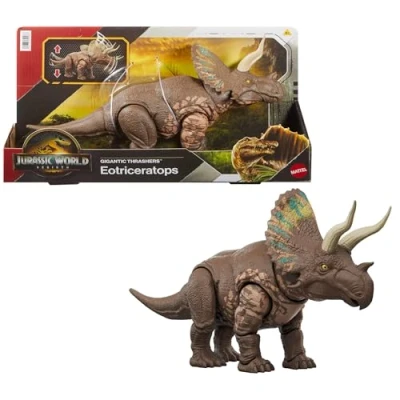 Abbildung von Mattel Jurassic World: Die Wiedergeburt Gigantic Thrashers Eotriceratops Dinosaurier Spielzeugfigur, große Dinosaurierspezies, mit zwei akitvierbaren Wutattacken, digitales Spiel, JGB93
