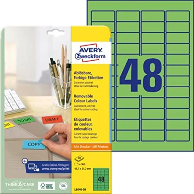 Abbildung von AVERY Zweckform L6040 20 Grüne Etiketten (960 Aufkleber, 45,7x21,2mm auf A4, wieder rückstandsfrei ablösbar, selbstklebende Farbetiketten, Papier matt, bedruckbare, farbige Klebeetiketten) Blatt
