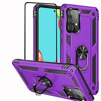 Abbildung von Folmeikat Hülle für Samsung Galaxy A52 5G,Galaxy A52S 5G, 4G, Displayschutzfolie, 360 Grad drehbarer Metallring, Stoßdämpfung, verstärkte Ecken, TPU 5G/A52S 5G/A52 4G 6.5&quot;