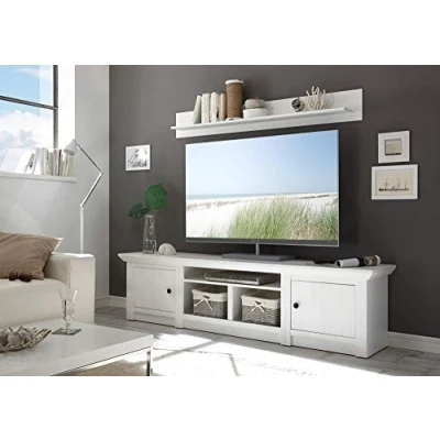 Abbildung von Newfurn TV Lowboard Landhaus Schrank Fernsehtisch Rack Board II 194x51x 45 cm (BxHxT) [Max.Ten] in Pinie Weiß Nachbildung/Pinie Nachbildung Wohnzimmer Schlafzimmer