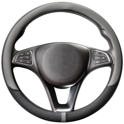 Abbildung von COFIT Lenkradbezug für Auto Universal LenkradhüLle Anti Rutsch Lenkrad Bezug Leder SchutzhüLle M 37 38cm Grau und Schwarz