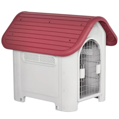 Abbildung von PawHut Hundehütte Hundehaus mit Dachluke, für kleine Hunde, aus Metall, Kunststoff, Garten, Balkon, Rot+Hellgrau