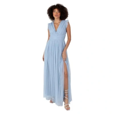 Abbildung von Anaya with Love Damen Women&#039;s Maxi Dress Ladies V Neck Short Sleeve Split Tulle A line for Wedding Guest Bridesmaid Evening Occasion Ball Gown Kleid, Soft Blue, 36 EU