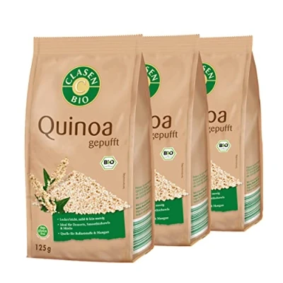 Abbildung von 3x CLASEN BIO Quinoa, gepufft von Natur aus vegan und glutenfrei, für Müslis, biologischer Anbau 125 g
