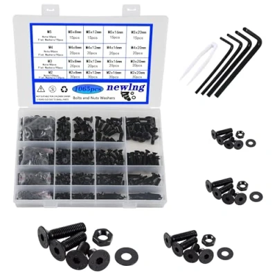 Abbildung von newlng 1065pcs M2 M3 M4 M5 Schrauben set Kohlenstoffstahl Schwarz und Muttern Unterlegscheiben Senkkopfschrauben mit Schraubenschlüssel