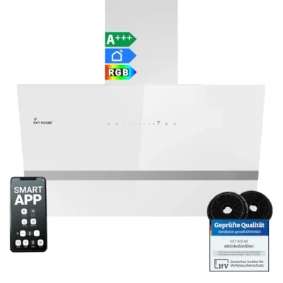 Abbildung von KKT KOLBE Dunstabzugshaube 80 cm 782 cbm/h Umluft Abluft Kopffrei Wandhaube Weiß Glas Smart WiFi App WLAN RGBW LED Beleuchtung EASY8005WM