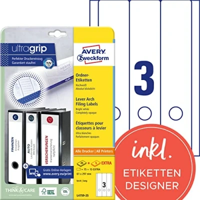 Abbildung von AVERY Zweckform Klebeband Ordnerrücken Etiketten, 61 x 297 mm, weiß