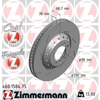 Abbildung von ZIMMERMANN FORMULA Z COAT 460.1584.75 Bremsscheibe 390 38 7/5 5 130 Belüftet, geschlitzt, Verbundbremsscheibe beschichtet legiert/hochgekohlt