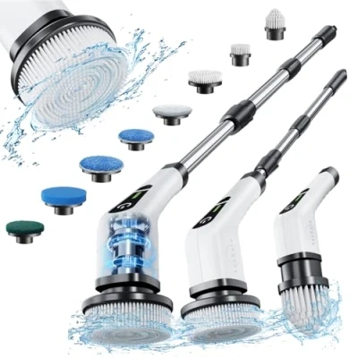 Abbildung von Elektrische Reinigungsbürste,Electric Spin Scrubber schnurlos mit 8 austauschbaren Bohrbürstenköpfen, Wanne und Bodenfliese mopSet 137cm verstellbarem Griff für Bad Küche Auto Fußboden (Weiß)