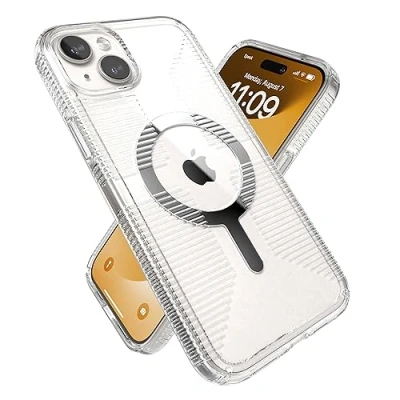 Abbildung von Speck Transparente Schutzhülle für iPhone 15 Plus Schlank, gebaut MagSafe, Fallschutzgriff &amp; 14 Kratzfest, vergilbungsfrei, 16,7 cm (6,7 Zoll) GemShell Grip