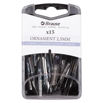 Abbildung von Brause 152025B Packung mit 15 Ornamentfedern 2,5mm, Reservoir, für Überschriften und Ornament, ideal Kalligraphie, 1 Box
