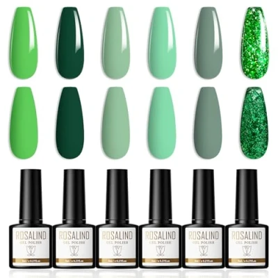 Abbildung von ROSALIND UV Gel Nagellack 6 Farben Shellac Dunkelgrün Hellgrün Glitzer Gellack Soak Off UV/LED Nail Polish Set Geeignet für Heimnagel DIY, Nagelstudio