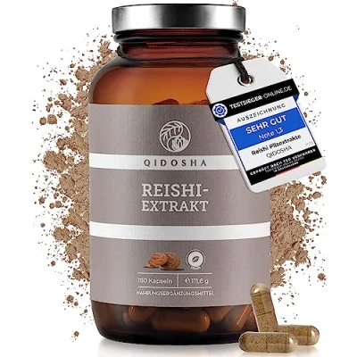 Abbildung von QIDOSHA® Reishi Extrakt Kapseln, TESTSIEGER 07/23*, 15:1 Premium Extrakt, hochdosiert mit 500mg pro Kapsel, 180 Stk im Glas, Pilz Ganoderma lucidum, vegan, laborgeprueft (Glas)