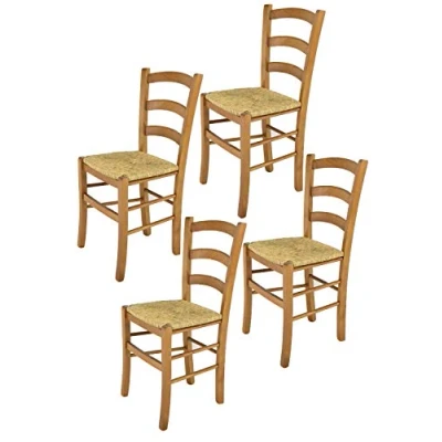 Abbildung von t m c s Tommychairs 4er Set Stühle Venice für Küche und Esszimmer, robuste Struktur aus lackiertem Buchenholz im Farbton Eichenholz Sitzfläche Stroh