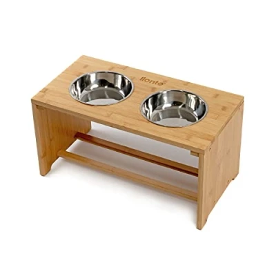 Abbildung von lionto erhöhter Hundenapf aus robustem &amp; pflegeleichtem Bambus, 50x26x26 cm, doppelter Futternapf für Hunde Katzen, 2 Edelstahlnäpfe Ø 18 cm je 1,2 L Fassungsvermögen, rutschfest gelenkschonend