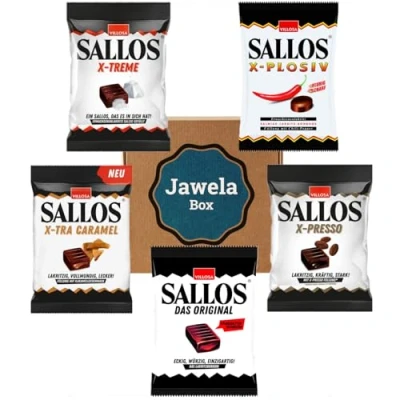 Abbildung von Sallos Mix Probierset 5 Tüten Lakritzbonbons Original, x plosiv Chili, treme Salz, presso Kaffee, Tra Caramel vegan glutenfrei im Jawela Set Probierpaket