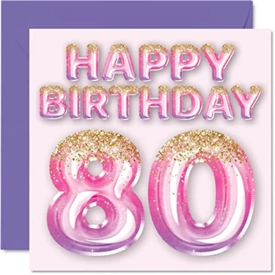 Abbildung von Geburtstagskarte zum 80. Geburtstag für Frauen rosa und lila Glitzerballons Happy Karten 80 Jahre alte Frau Mama Great Nanny Grandma Gran, 145 mm x Grußkarten Geschenk